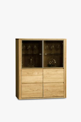 Tölgyfa üvegajtós vitrin modern dizájnnal, 150 cm magas